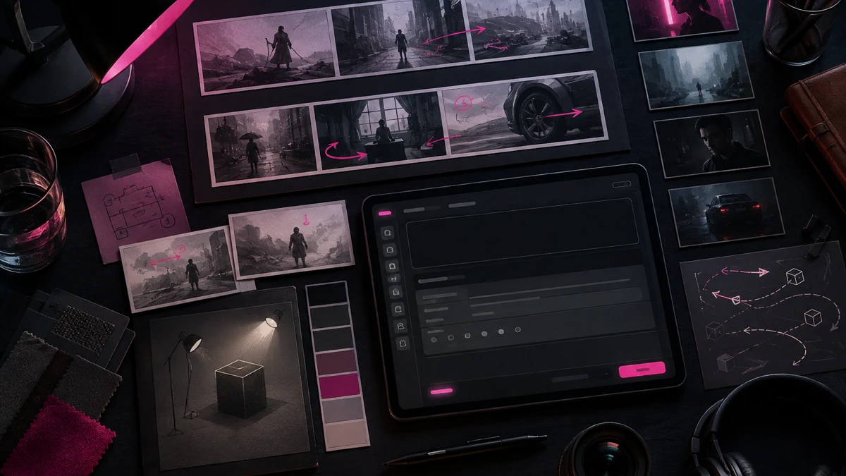 AI video prompt guide storyboard with camera motion and lighting notes